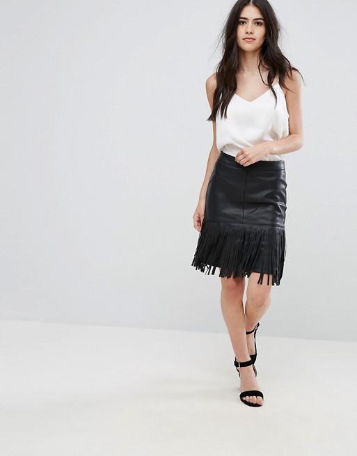 Vila Fringe Faux Leather Skirt, $34.00