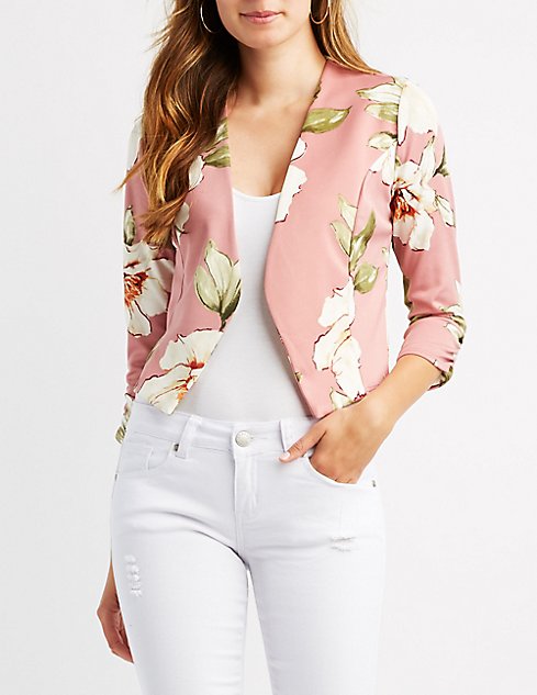 Floral Collarless Ruched Sleeve Blazer