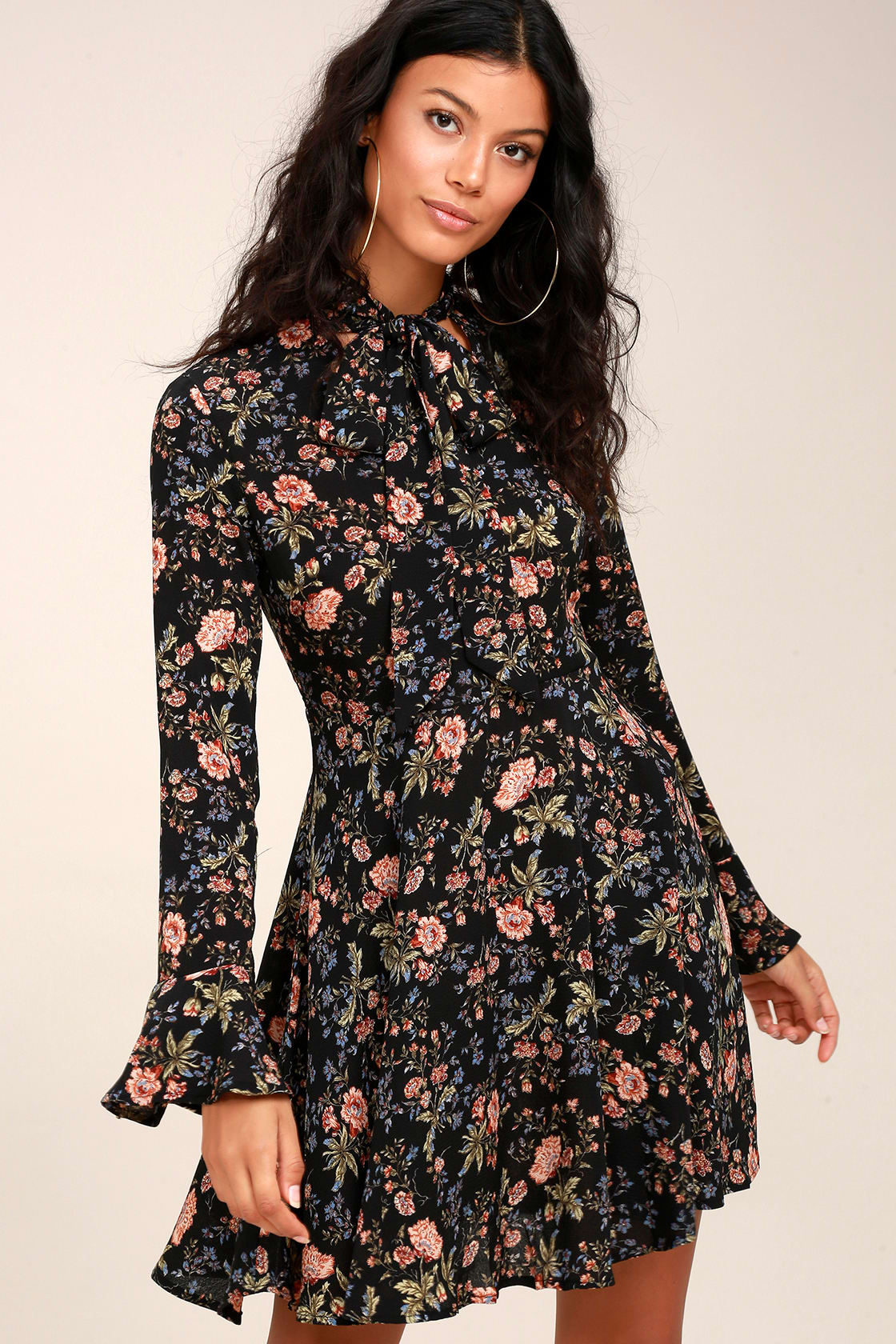 Picturesque Piece Black Floral Long Sleeve Tie-Neck Dress, $54