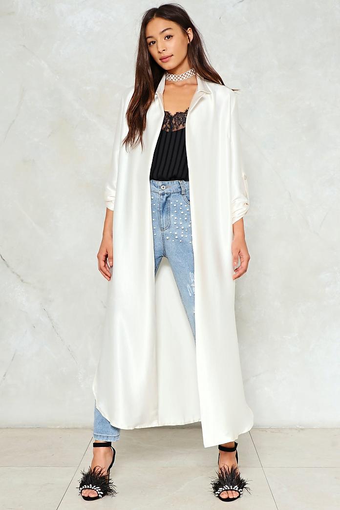Come a Long Way Satin Duster Jacket, $40