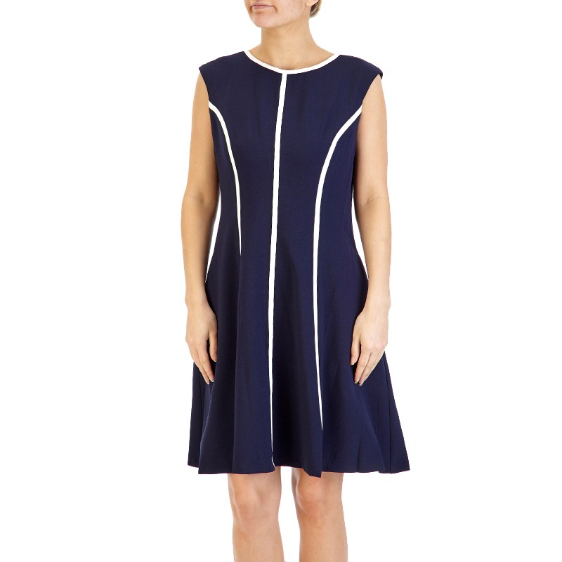 Navy Blue Sleeveless Crepe Dress with White Contrast Stripes, $29.99