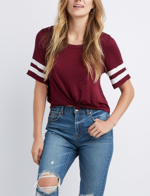 Varsity Stripe Ringer Tie-Front Crop Tee, $6.99